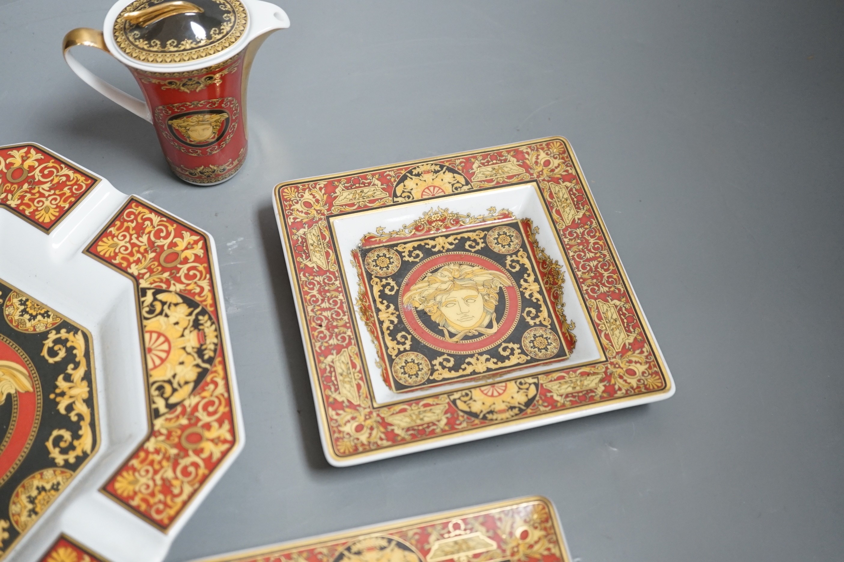 Rosenthal for Versace. A Medusa pattern ashtray, a pair of square dishes and a small jug